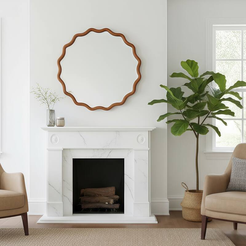 Yellowish Brown Wavy Round Solid Wood Decorative Mirror - Bedroom, Bathroom, Living Room - Yellow Brown