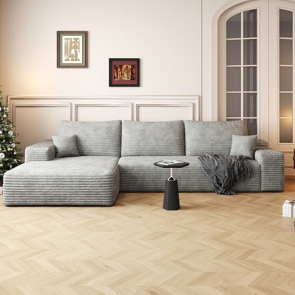 Modern Corduroy Upholstered L-shaped Deep Seat Sectional Sofa with Chaise Lounge, Floor Standing Modular Compression Couch