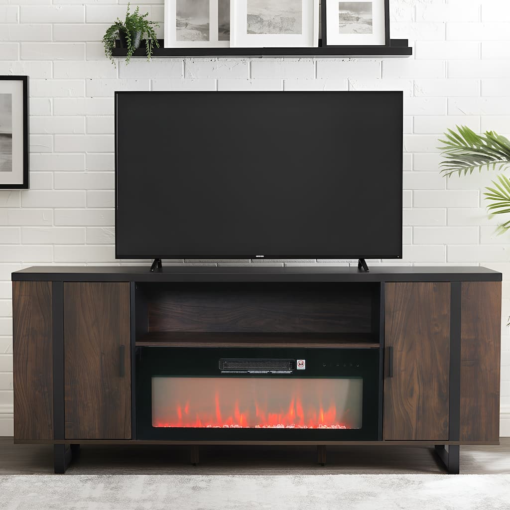 72" Farmhouse Walnut Wood Electric Fireplace TV Stand with Storage Open Compartment
