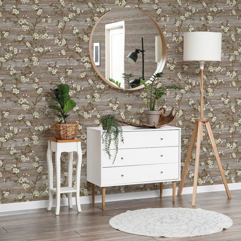 Flocked Botanical Blossom Pattern Stylish Floral Wallpaper