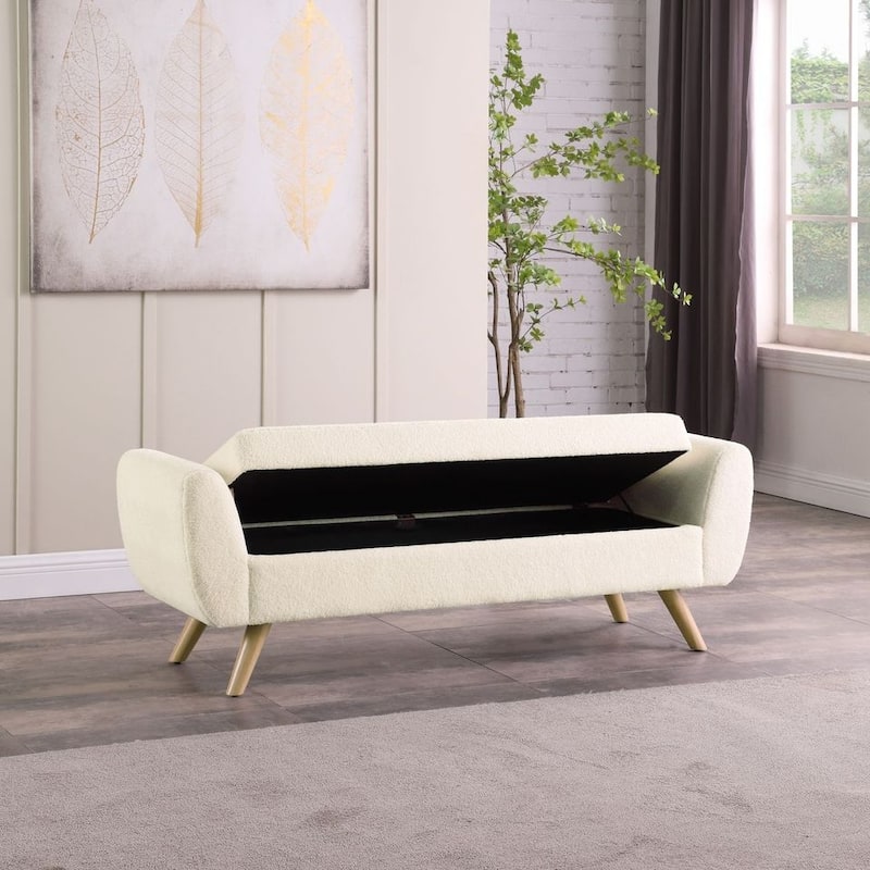 HomePop Modern Sherpa Storage Bench with Wood Legs - Cream