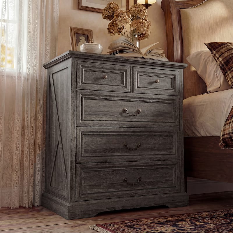 Farmhouse 5-Drawer Chest with Anti-Tip Device, Rustic Wooden Dresser for Bedroom, 36.3" Tall Storage Cabinet - Grey Wood