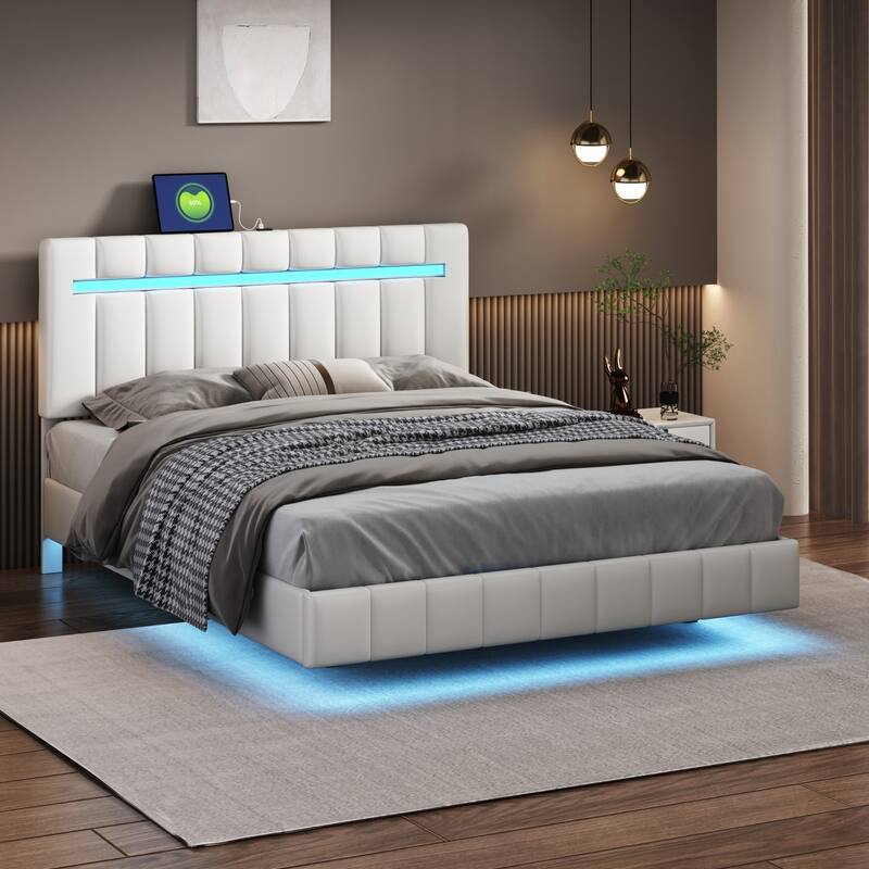 Queen Size Floating Bed Frame with LED Lights and USB Charging,Modern