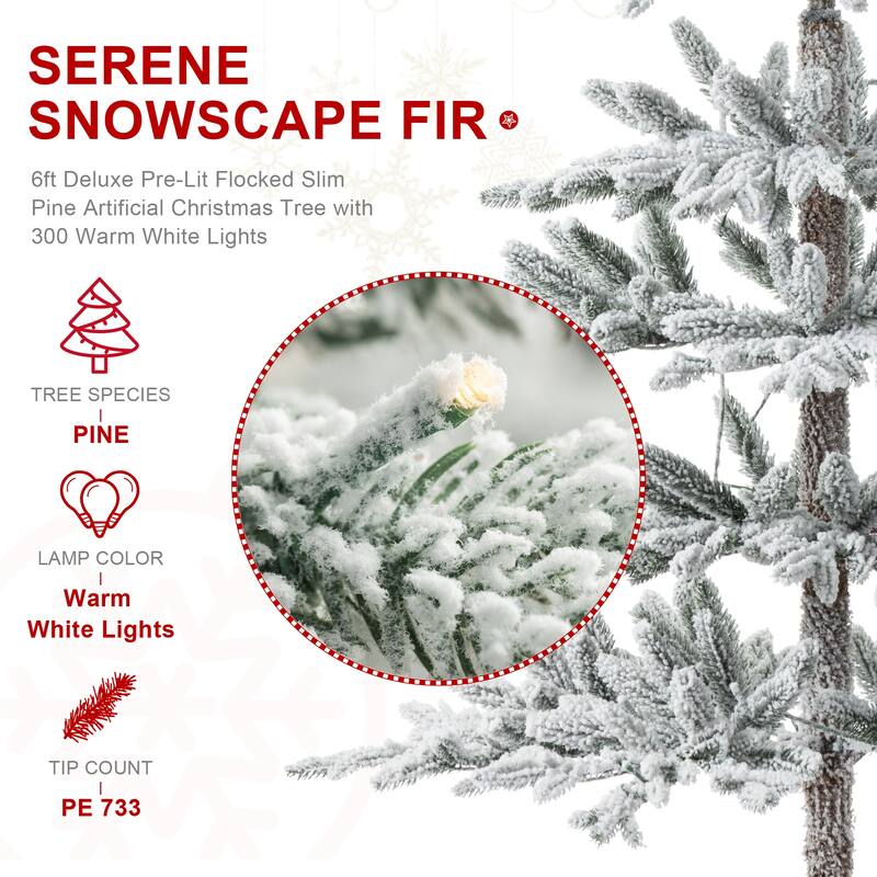 Glitzhome 6/7/9 FT Pre-Lit Flocked Slim Snowscape Fir Artificial Christmas Trees 2 or 3-Piece Set