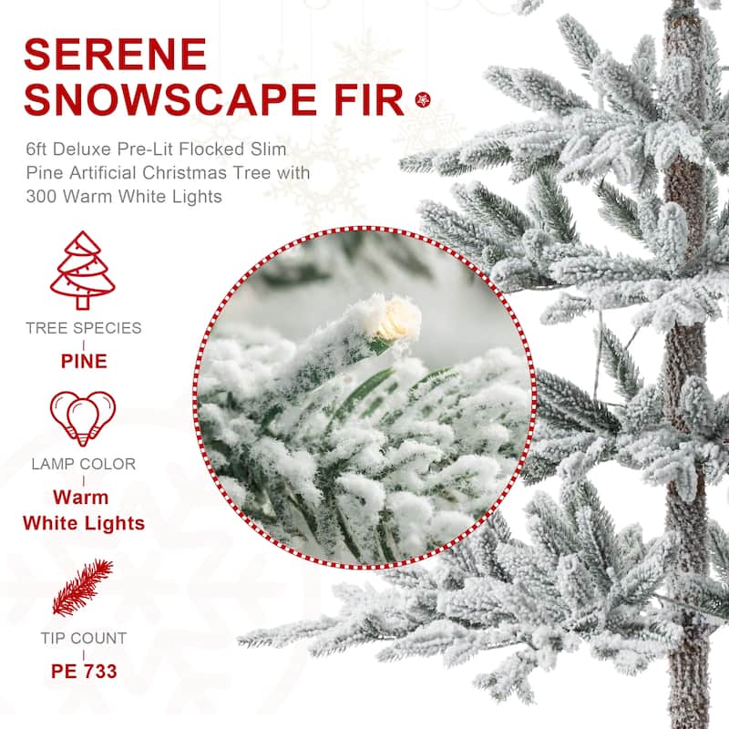 Glitzhome 6ft/7ft/9ft Deluxe Pre-Lit Flocked Slim Fir Artificial Christmas Tree with Warm White Lights