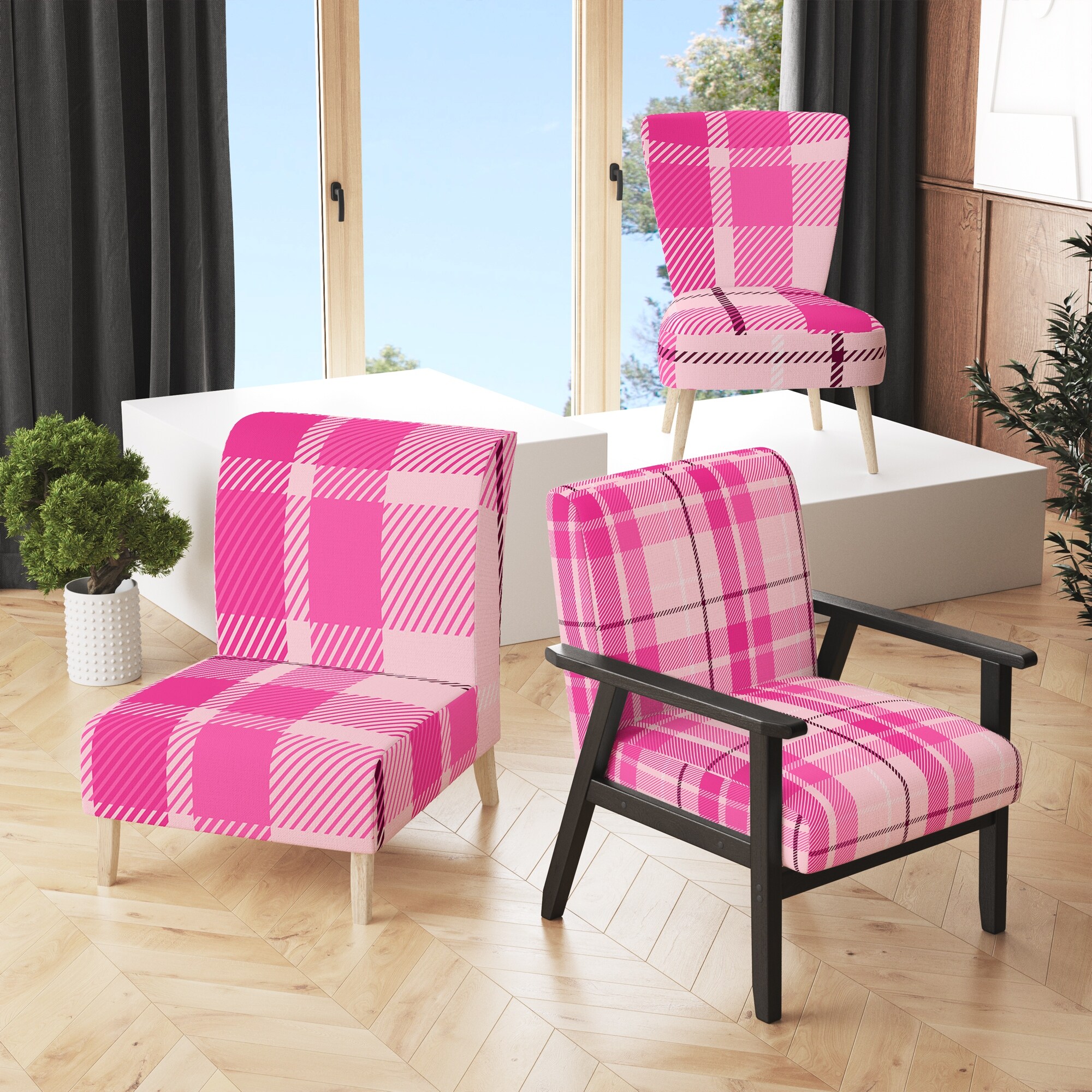 Arm Chair Pink Plaid Chair Wingback Armchair High Back Living Room