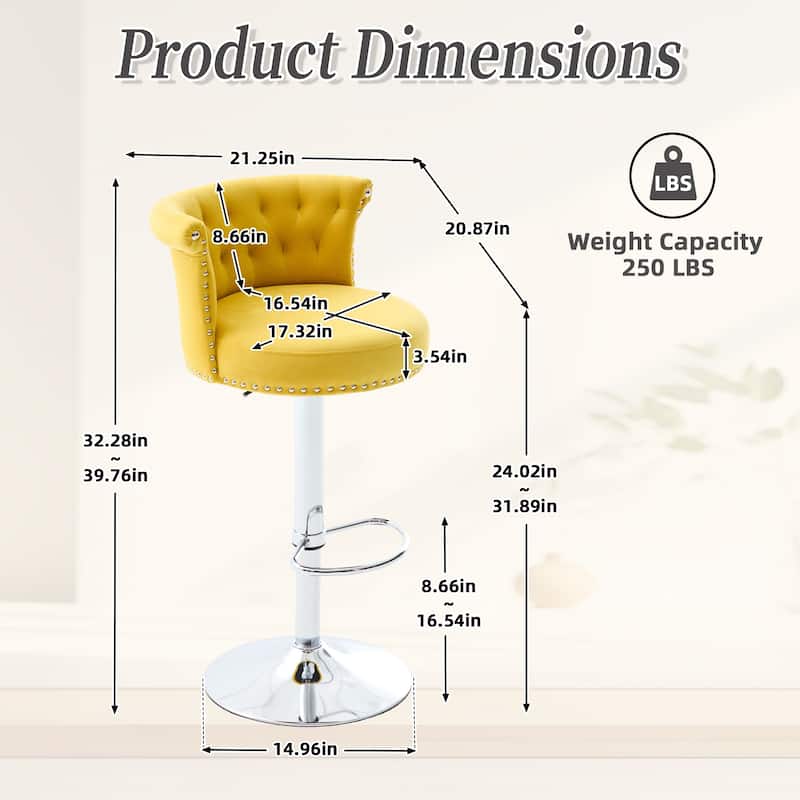 Velvet Upholstered Tufted Nailheads Swivel Adjustable Height Bar Stools with Silver Footrest(set of 2)