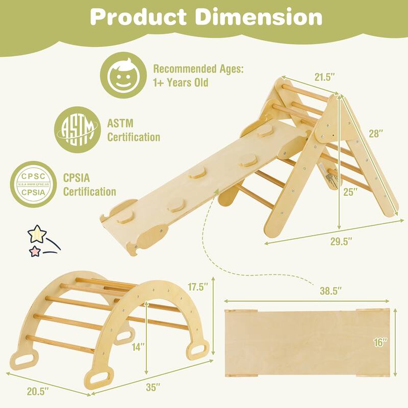 Costway 3-in-1 Kids Climber Set Toddler Wooden Play Arch with Sliding - See Details
