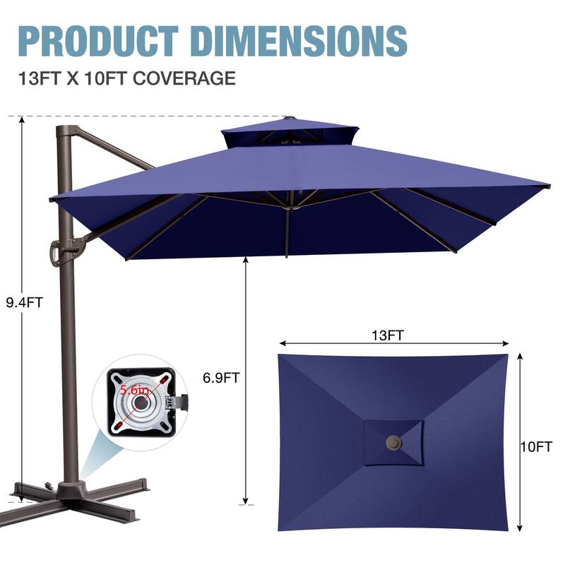 VredHom Outdoor Patio 10 x 13 FT Cantilever Umbrella Double Top