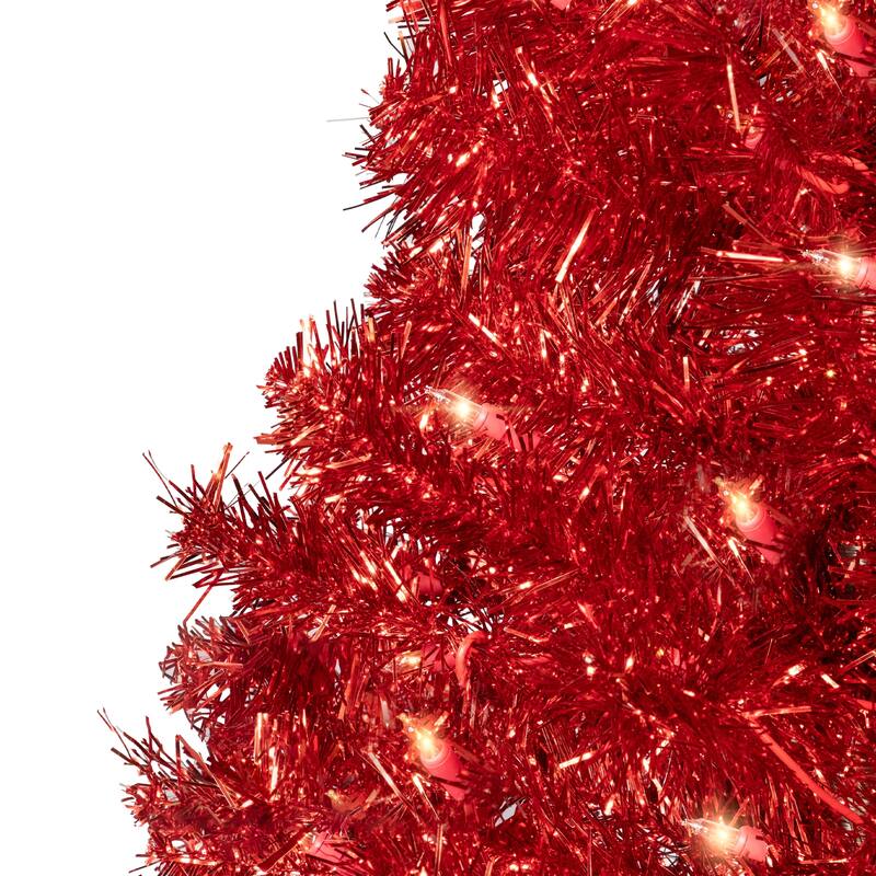 Pre-Lit Artificial Tinsel Christmas Tree - 3' - Red - Clear Lights - 3 Foot