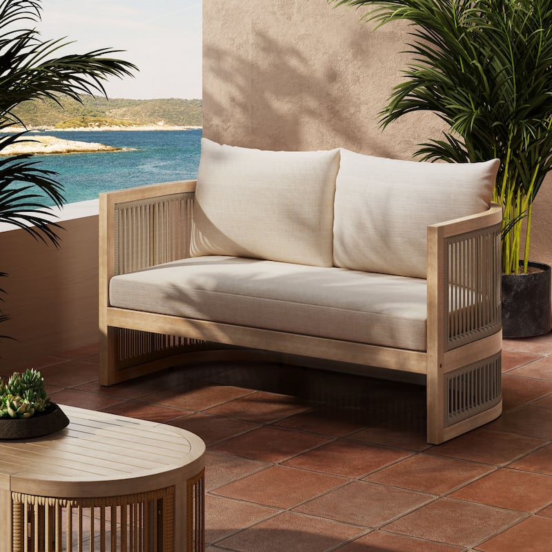 Christopher Knight Home- Leocadia Acacia Wood Outdoor Chat Set - Loveseat - Light Teak+Beige Rope+Beige Cushion