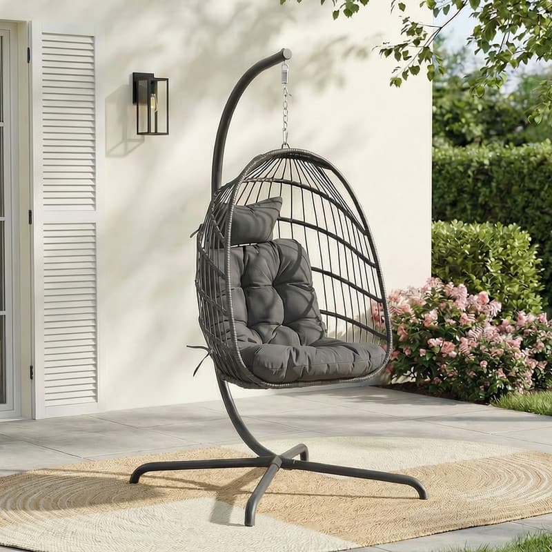 Oversized Wicker Hanging Egg Chair with Stand, Outdoor Indoor Swing Chair with Cushion, 350 lb Capacity - Dark Grey