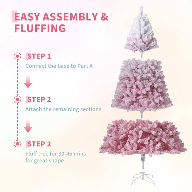4.5FT Pink Gradient Artificial Christmas Tree – 100 Warm White LEDs, Snow Frosted, 300 Branch Tips, Metal Stand