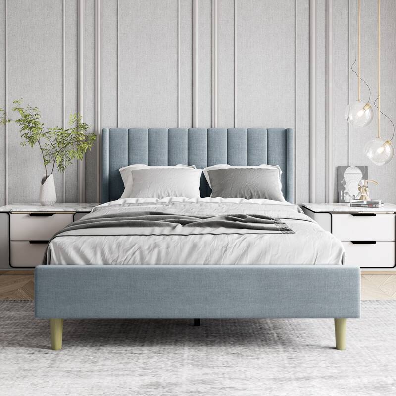 Aufank Bed Frame Upholstered Platform with Wooden Slats, Noise-Free
