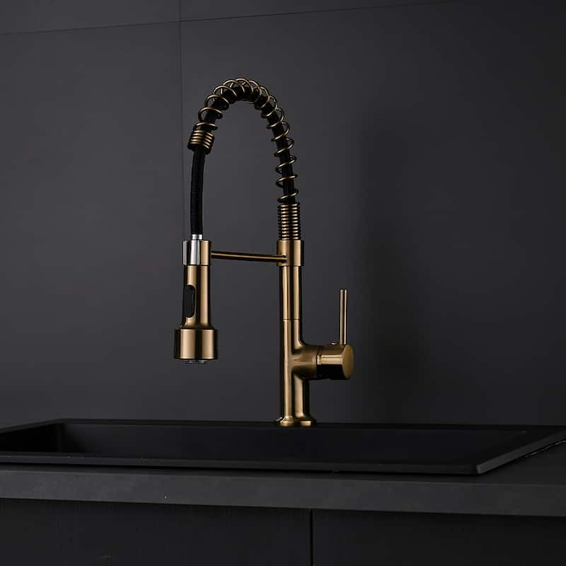 Single Handle Brushed Gold Pull Down Kitchen Faucet with LED Spray - 8"*16.1"