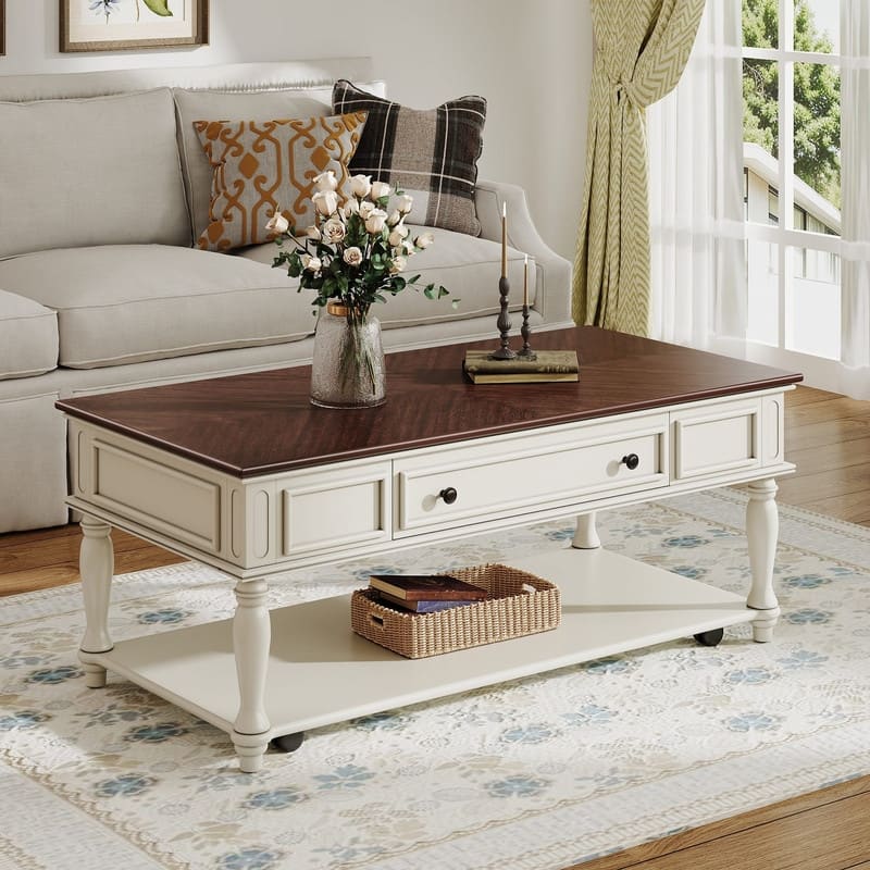 Farmhouse 47.2" Coffee Table with Drawer, Retro Design Easy Assembly and Movable Lockable Wheels for Living Room