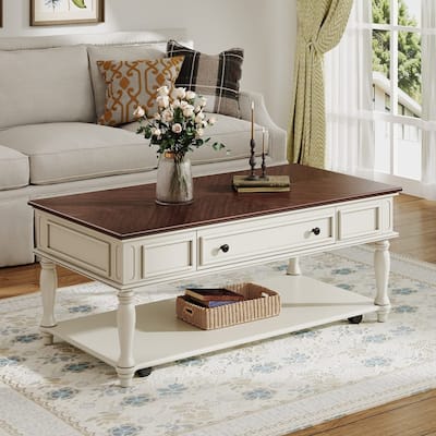 Farmhouse 47.2" Coffee Table with Drawer, Retro Design Easy Assembly and Movable Lockable Wheels for Living Room