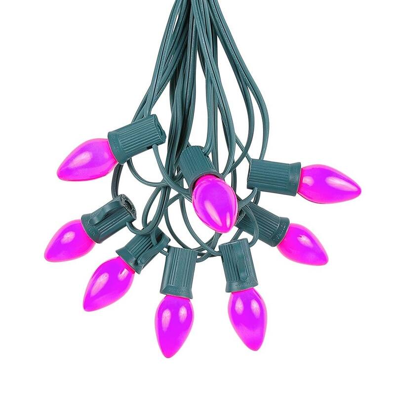 25 Foot C7 Ceramic Christmas Light Set, Hanging String Lights, Green Wire - Purple