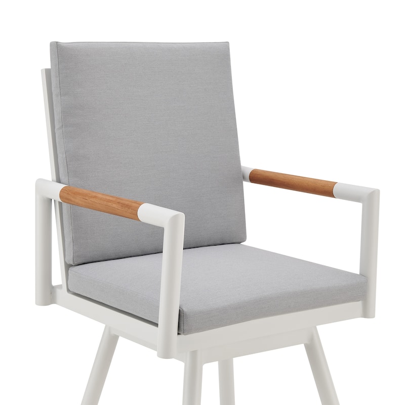 Razi 30 Inch Outdoor Swivel Barstool Chair, White Aluminum, Gray Cushions