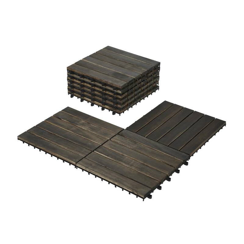 10 Pieces Dark Brown 12"x12" Interlocking Wood Plastic Deck Tiles Waterproof Anti Mold Outdoor Flooring