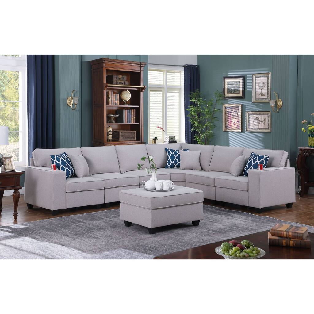 7 Piece Upholstered L-Shape Sectional Sofa with Ottoman in Light Gray