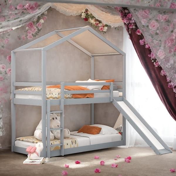 slide 2 of 10, Multifunction Twin over Twin House Bunk Bed With Built-in Ladder White
