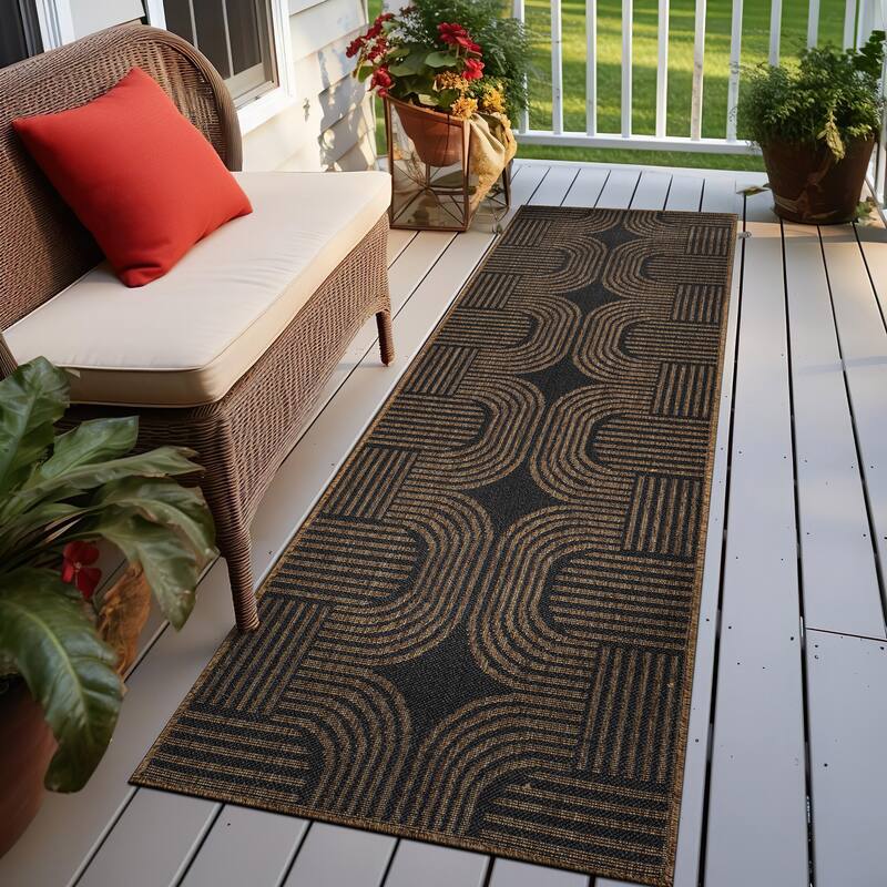 World Rug Gallery Geometric Indoor/Outdoor Flat Woven Area Rug - Natural Jute-Style, Easy-Care Patio Rug for Balcony Patio Deck - Dark Gray - 2' 3" x 8'