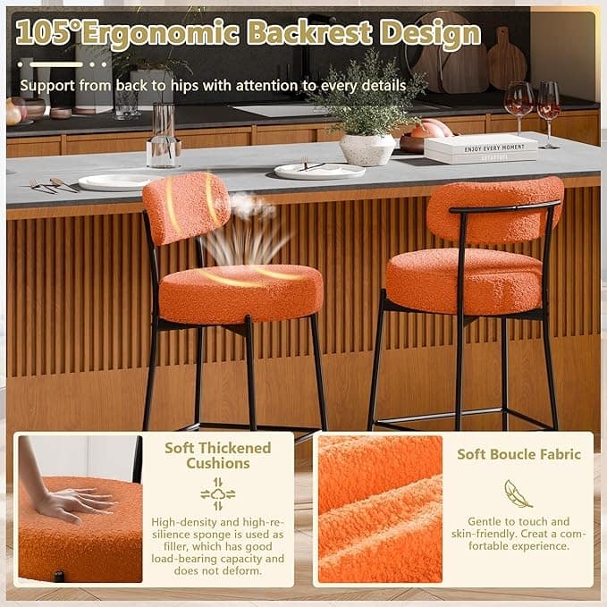 XINMICS 24 Inches Modern Counter Height Bar Stools with Curved Back Metal Legs, Upholstered Boucle Barstools, Set of 2/3/4