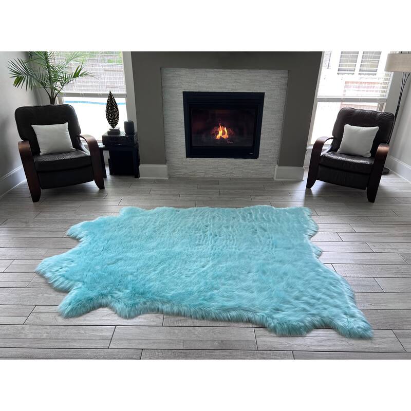 Ovella Home Premium Faux Buffalo Skin Shag Rug - 6' x 7' Animal Shape - Blue