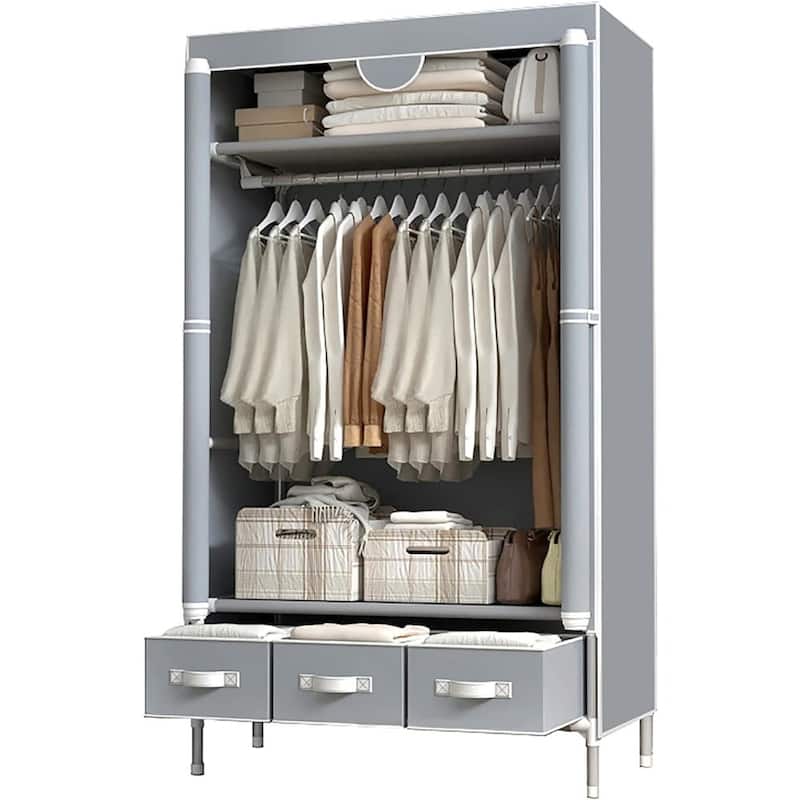 Portable Clothes Closet Rolling Door Wardrobe with Hanging Rack Non-Woven Fabric Storage Organizer with Three Drawer Boxes No-To