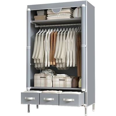 Portable Clothes Closet Rolling Door Wardrobe with Hanging Rack Non-Woven Fabric Storage Organizer with Three Drawer Boxes No-To