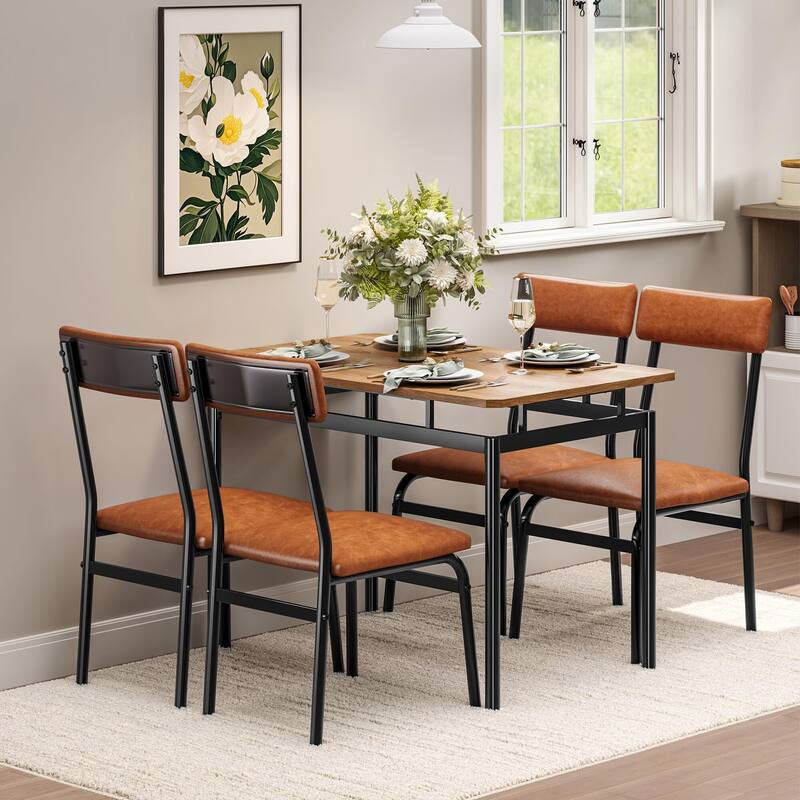 5 Piece Dining Table Set for 4, Small Industrial Kitchen Table with PU Padded Chairs & Metal Frames