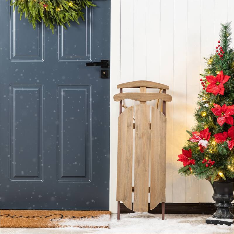 Glitzhome 34.25"H Wooden Natural Christmas Sleigh Porch Decor With Floral - Brown Porch Decor