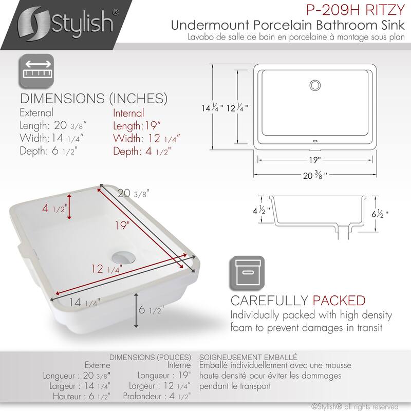 STYLISH 20 3/8 inch Rectangular Undermount Porcelain Bathroom Sink with two Overflow Finishes included