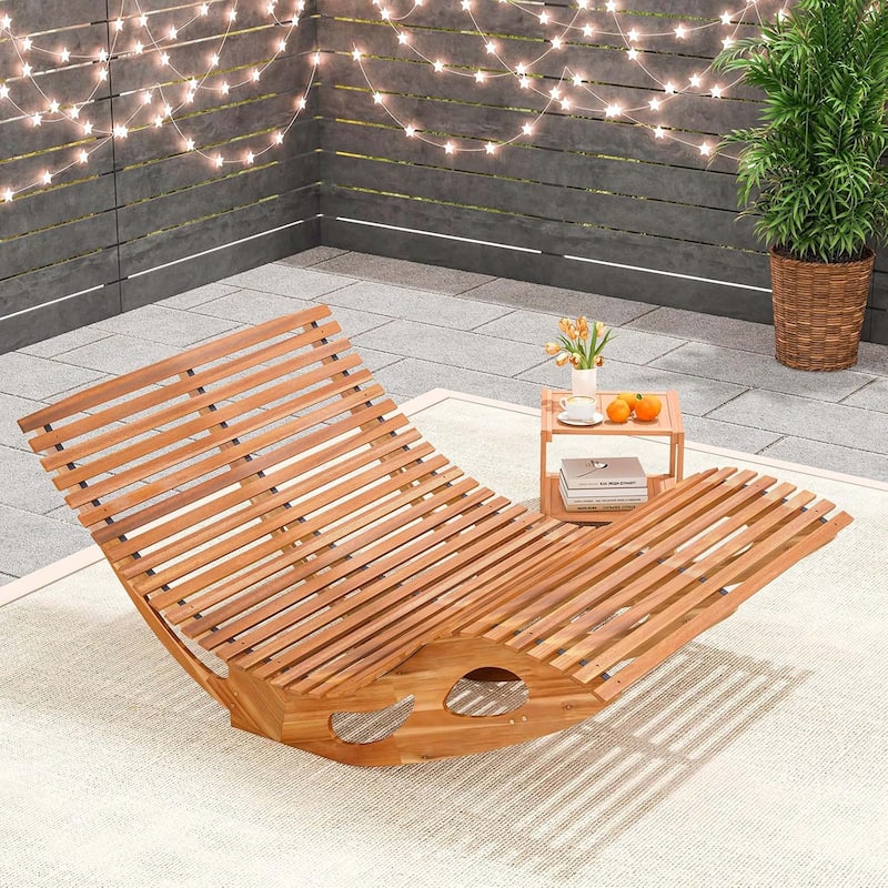 Rocking Double Chaise Lounge Acacia Wood Sun Bed Lounger