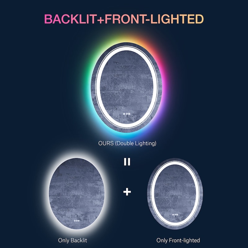 KIOTEE Super Bright LED Frontlit & RGB Backlit Anti-Fog Tempered Glass Bathroom Vanity Mirror with ETL and 3-Year Warranty
