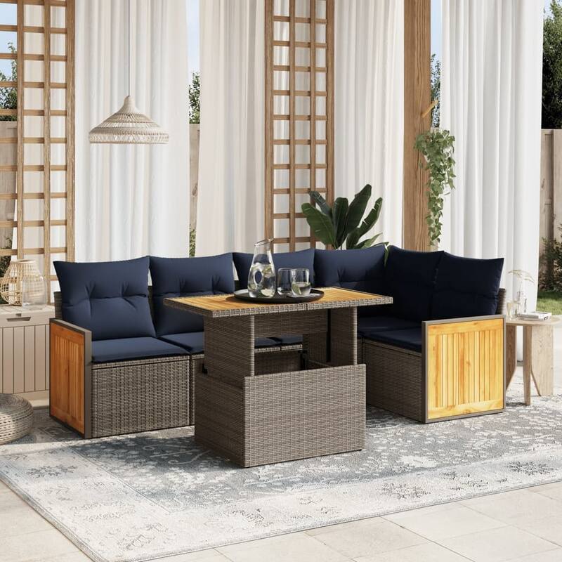 vidaXL Patio Sofa Set with Cushions Outdoor Furniture 6 Piece Poly Rattan - 21.7 x 24.4 x 27.2 - Grey