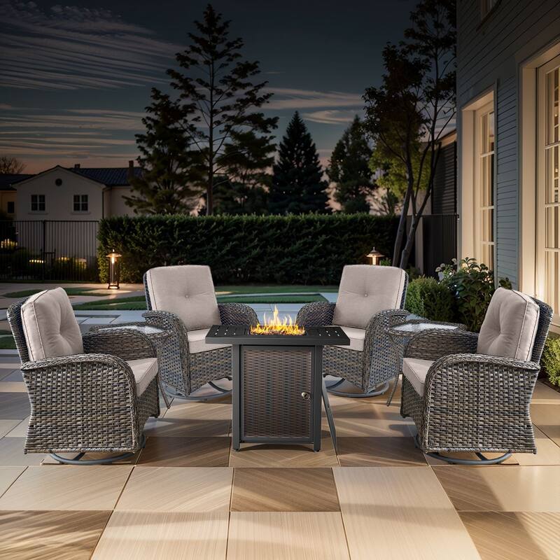 Outdoor Chairs with Fire Pit Table Set - Brwon Wicker Beige Cushion - 7PCS Swivel Chair Table w/ Fire Table