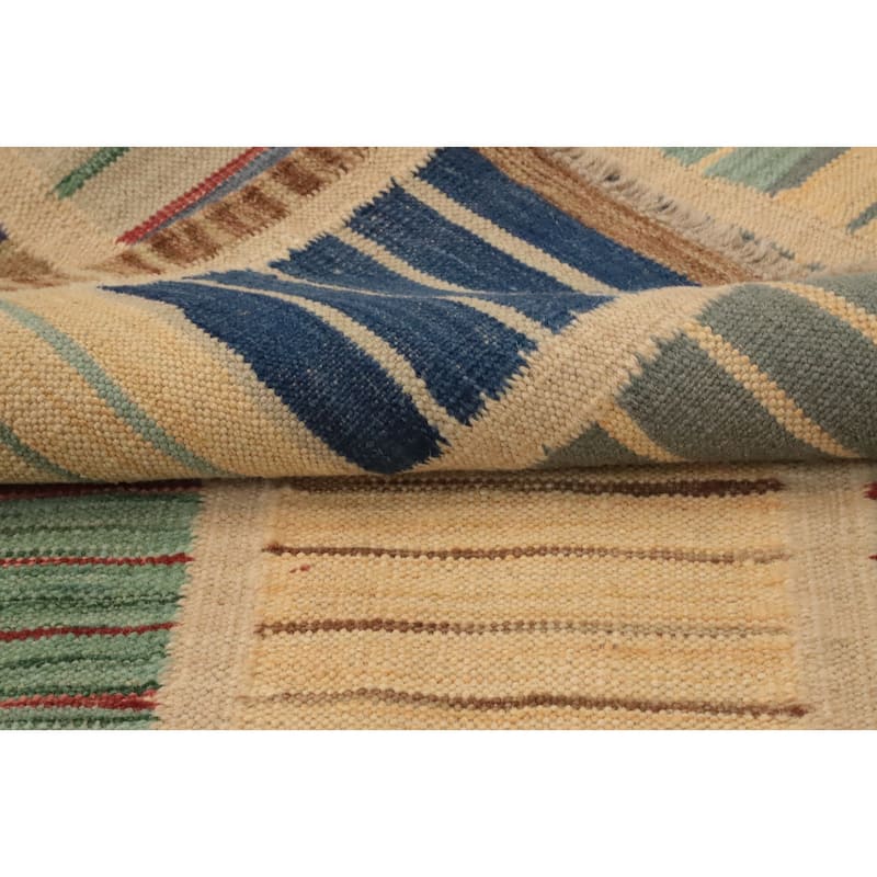 Hand Woven Oriental 100% Wool Carpet Southwestern Modern Multi-Colored Kilim Runner Rug - 10' 2'' X 2' 10''