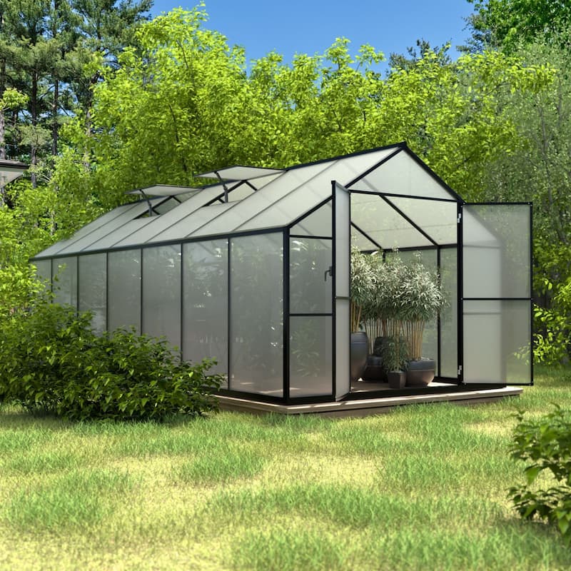 VEIKOUS Aluminum Walk-In Garden Greenhouse Kit with Adjustable Roof Vent and Lockable Door Grey - 8' x 14'