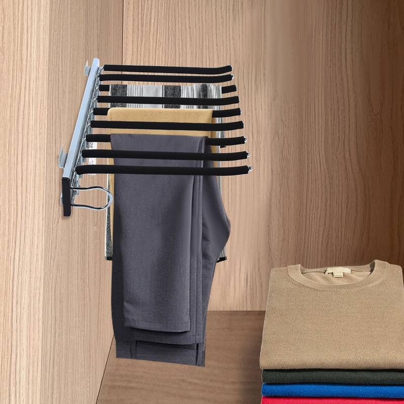 Side Mount Pull Out Pants Rack with 9 Arms for Closet Storage - 18.11 x 12.83in - Black
