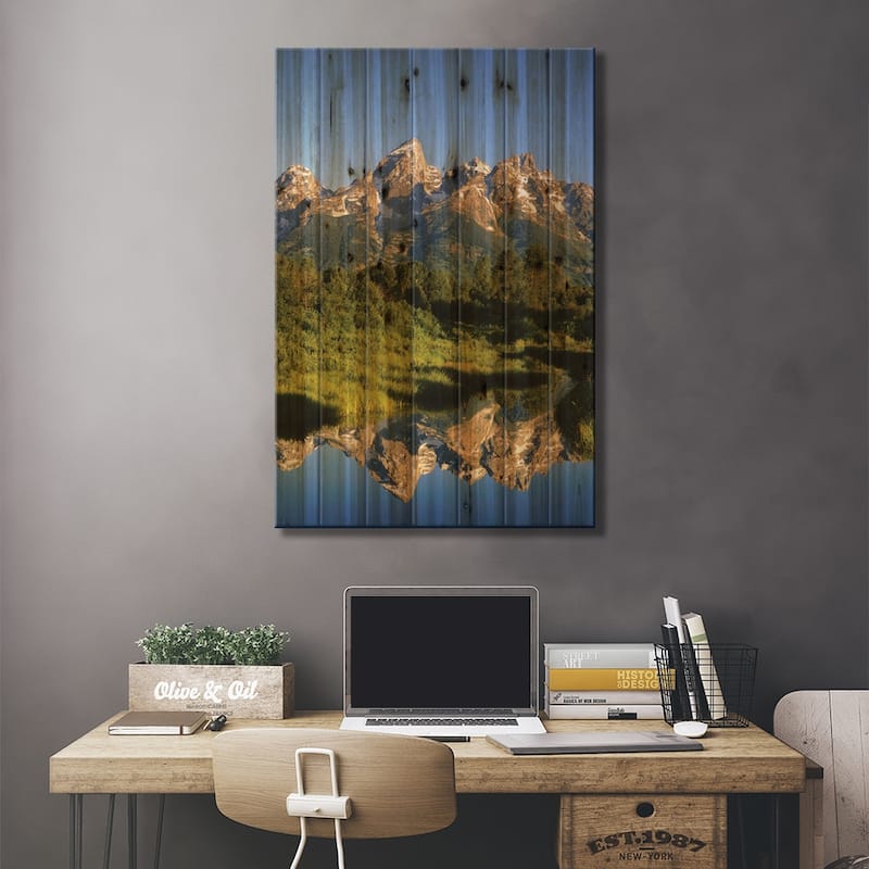 USA, Wyoming, Grand Teton National Park. Grand Tetons reflect in Snake River. Print On Wood by Jaynes Gallery - Multi-Color