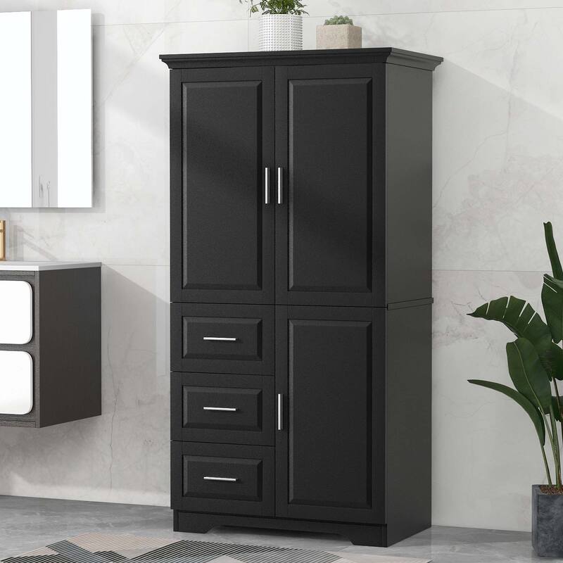 Bathroom Storage Cabinet with Drawers and Adjustable Shelf - Black