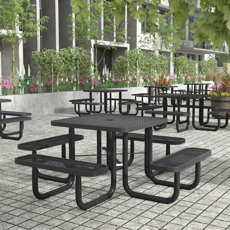 Commercial Grade Expanded Mesh Metal Outdoor Picnic Table with Anchors - 79.75"D x 79.75"W x 28.75"H