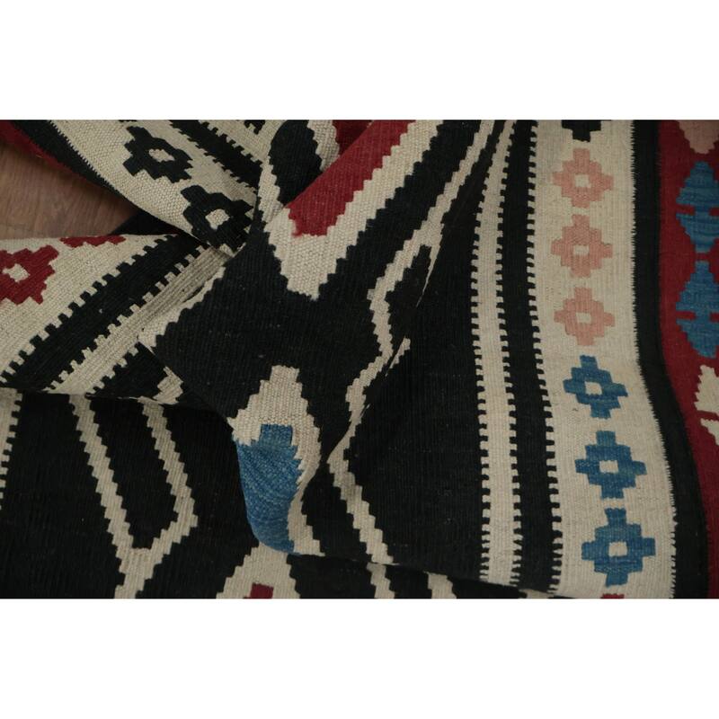 Hand Woven Oriental 100% Wool Carpet Southwestern Tribal Black Kilim Runner Rug - 9' 11'' X 3' 2''