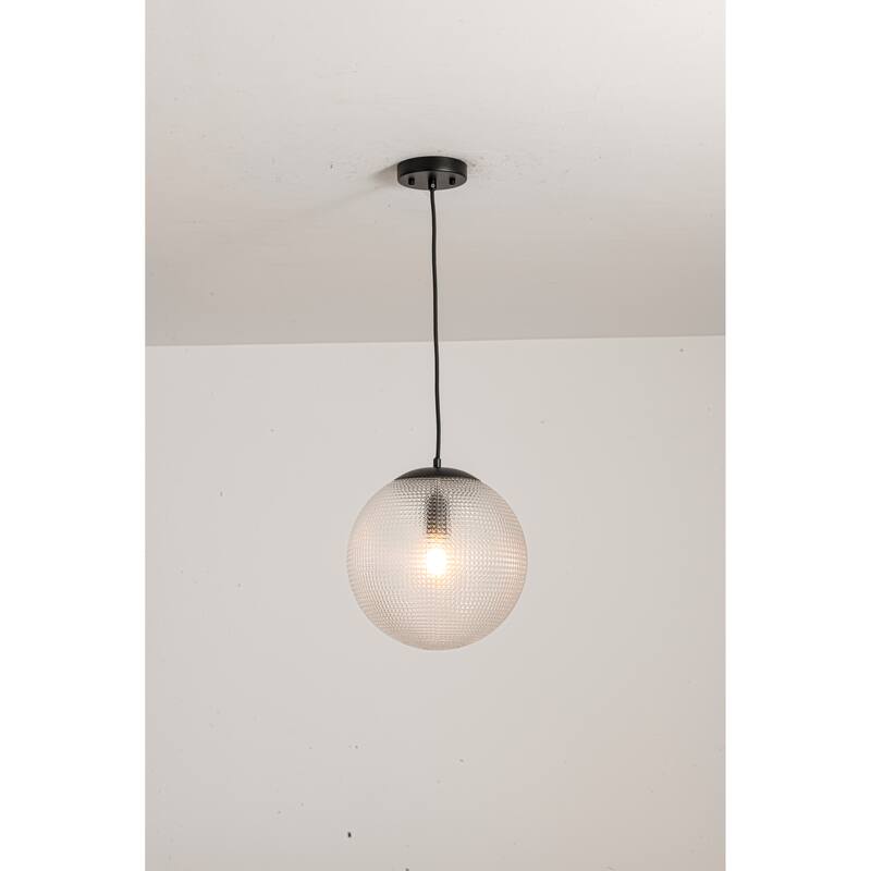 1-Light Modern Indoor Black Finish Metal Globe Textured Glass Kitchen Pendant Lighting over Island - Clear