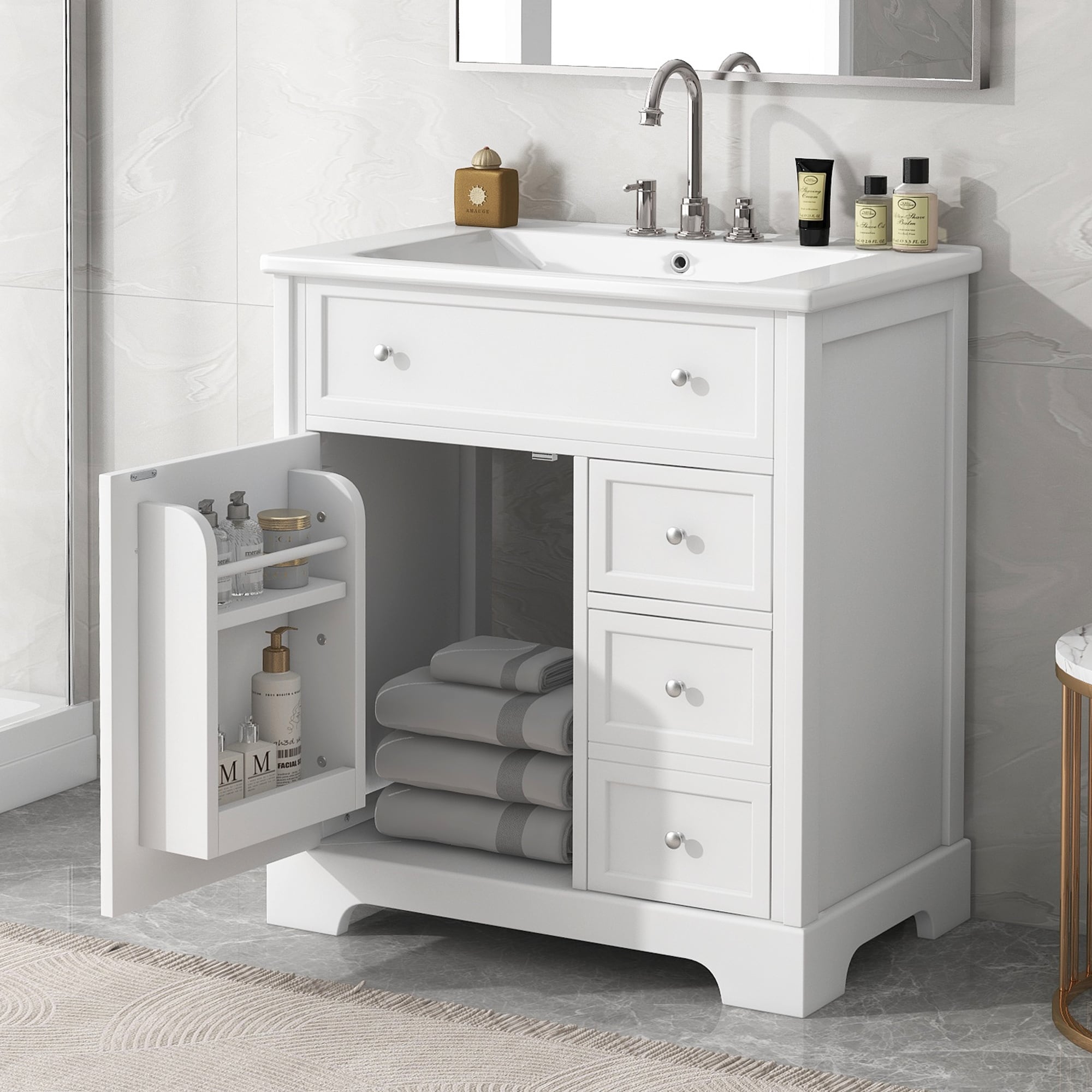 Bathroom Vanity with Ceramic Sink, Free Standing Single Basin Vanity Set, Bathroom Cabinet with 1 Door & 2 Drawers