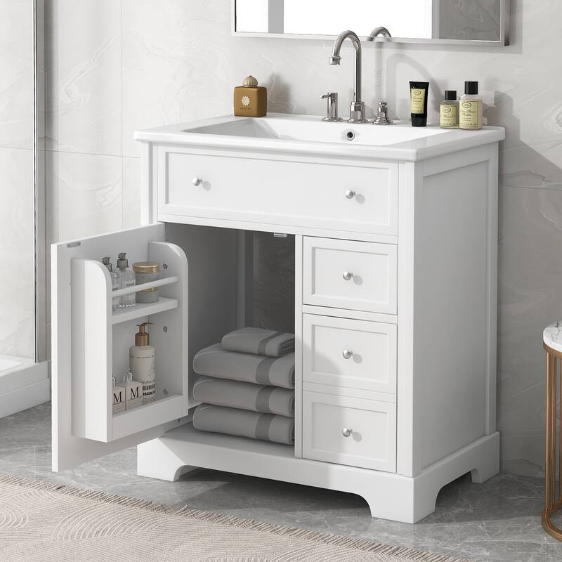 Bathroom Vanity with Ceramic Sink, Free Standing Single Basin Vanity Set, Bathroom Cabinet with 1 Door & 2 Drawers - White