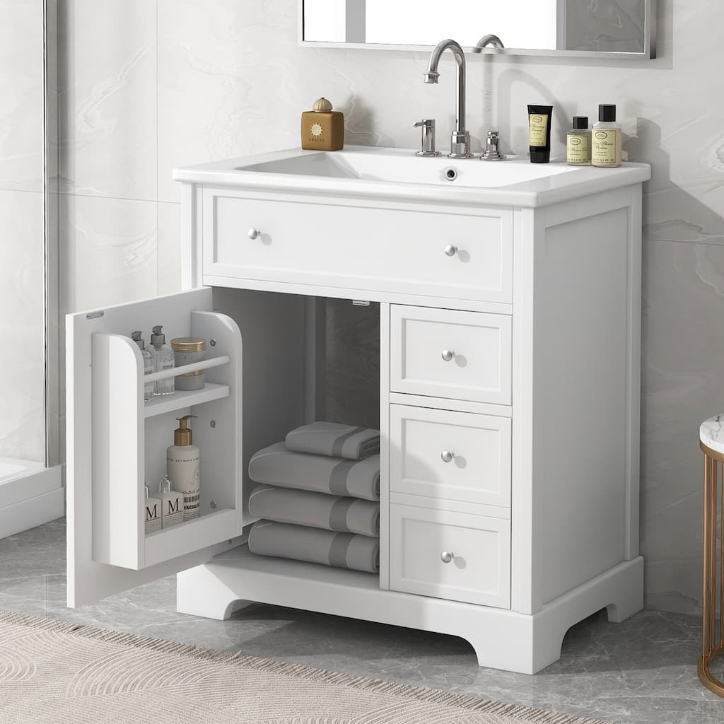 Bathroom Vanity with Ceramic Sink, Free Standing Single Basin Vanity Set, Bathroom Cabinet with 1 Door & 2 Drawers
