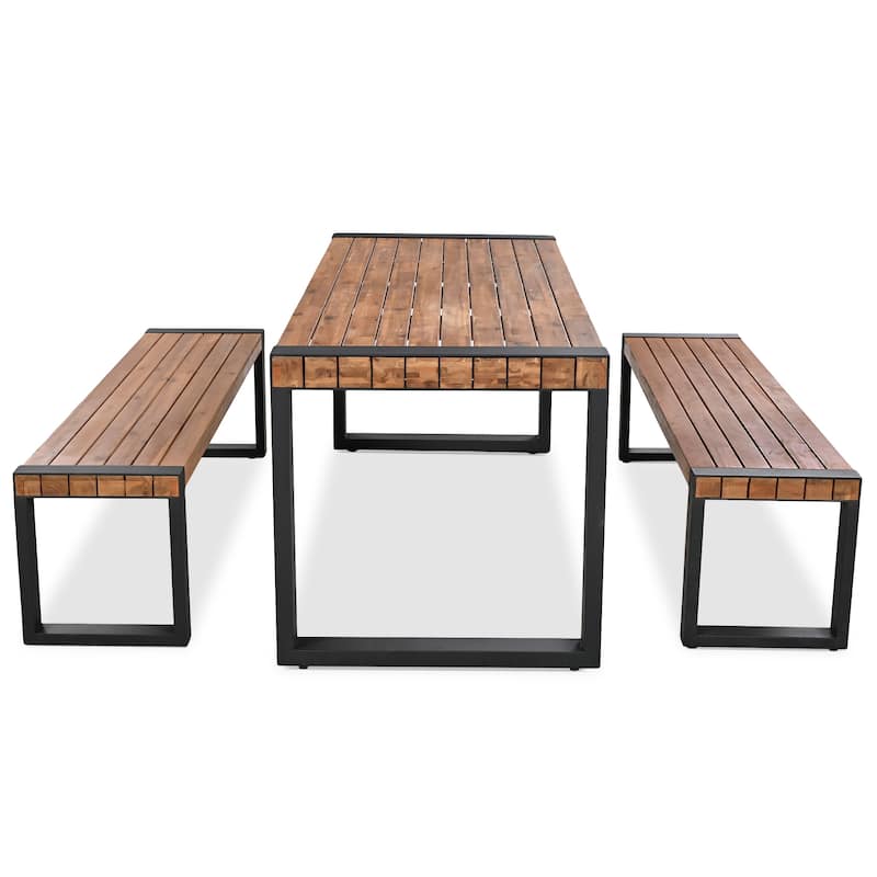 Roomfitters 3-Piece Outdoor Dining Set with Rectangular Table and 2 Benches, Industrial Patio Picnic Furniture, Acacia Wood